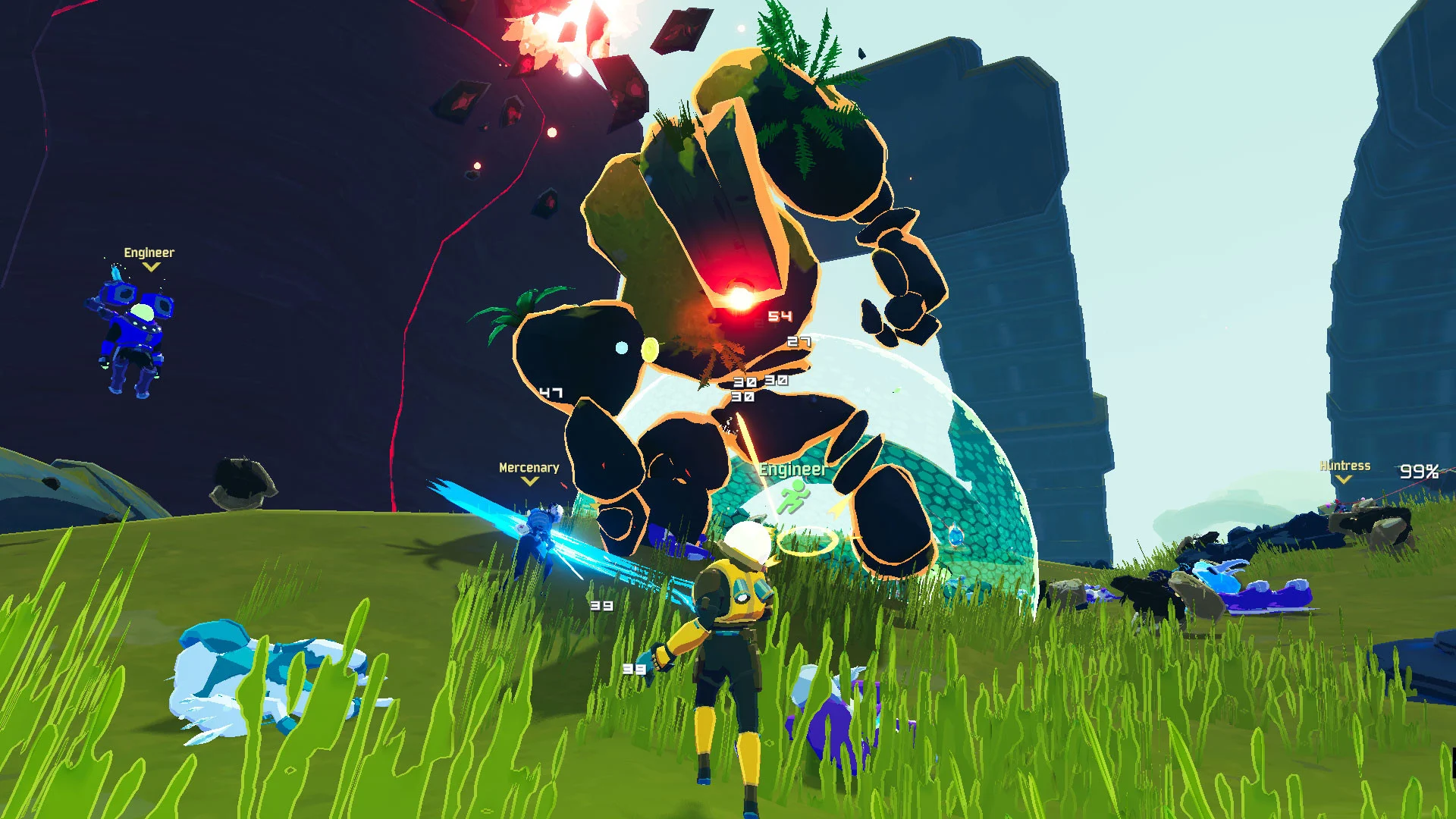 草原で巨大なストーンタイタンと戦うサバイバーたち。Risk of Rain 2公式スクリーンショット