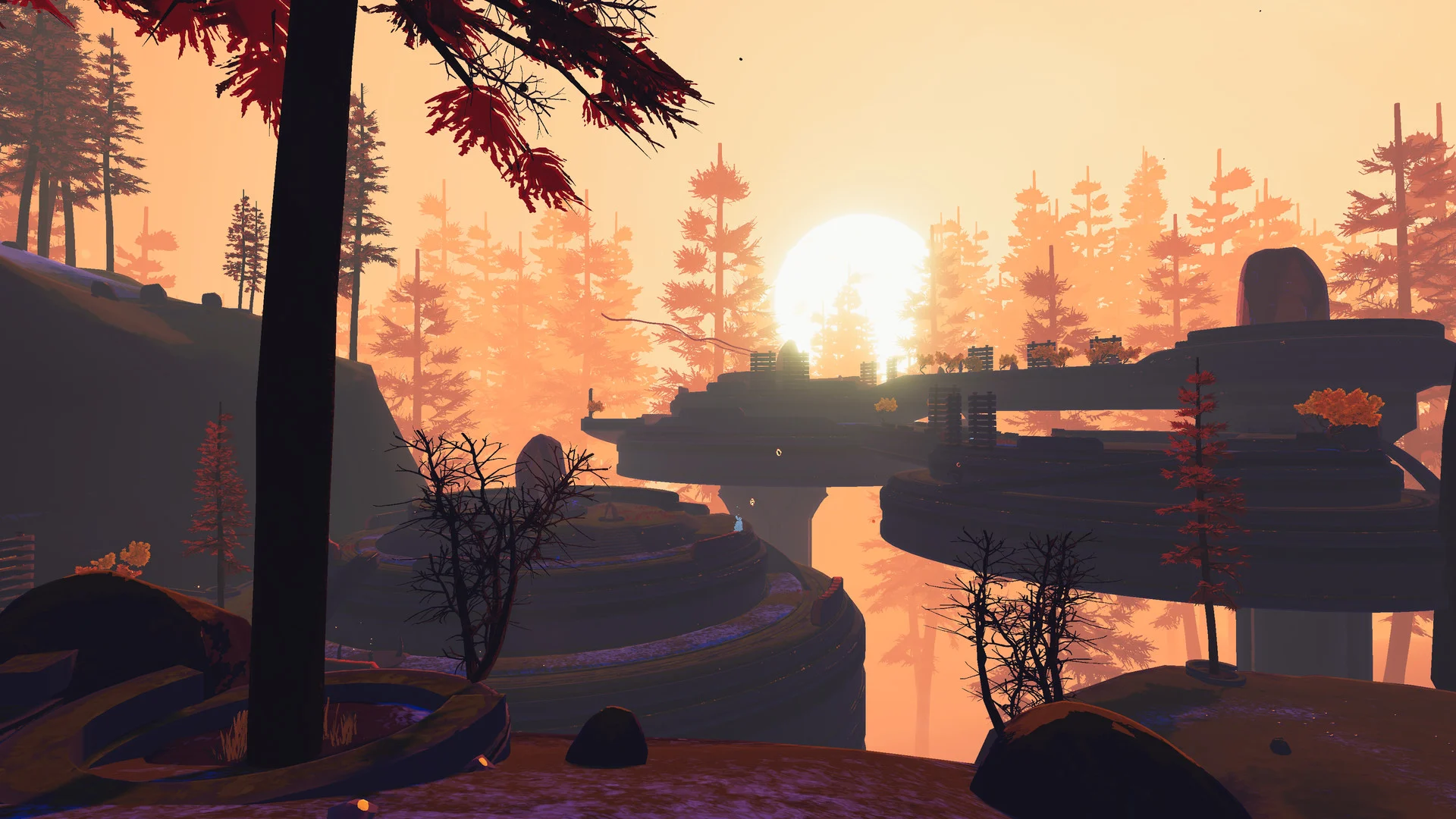 夕日に照らされた赤い木々と遺跡が広がるRisk of Rain 2のステージ