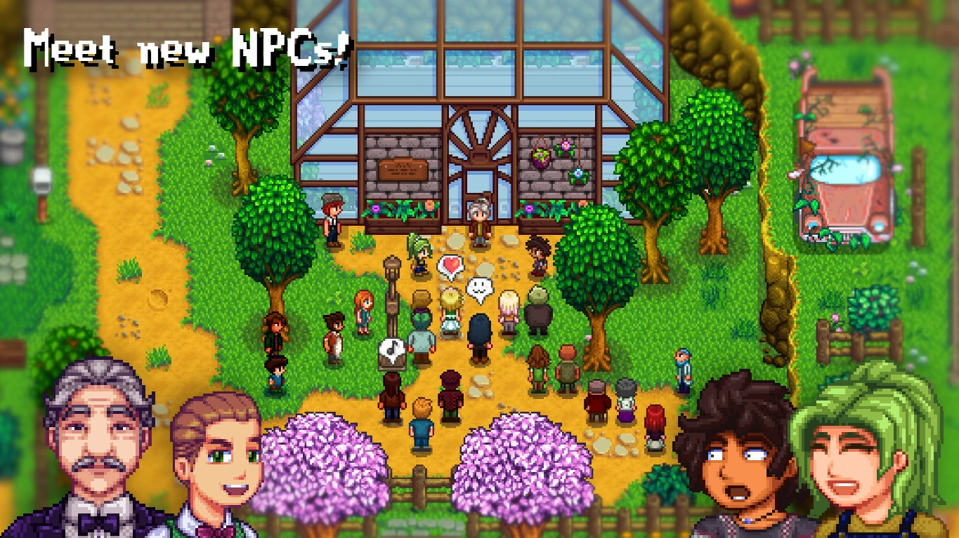 Ridgeside Village作者の紹介画像。村に集まる住人とキャラクターの顔が配置されている