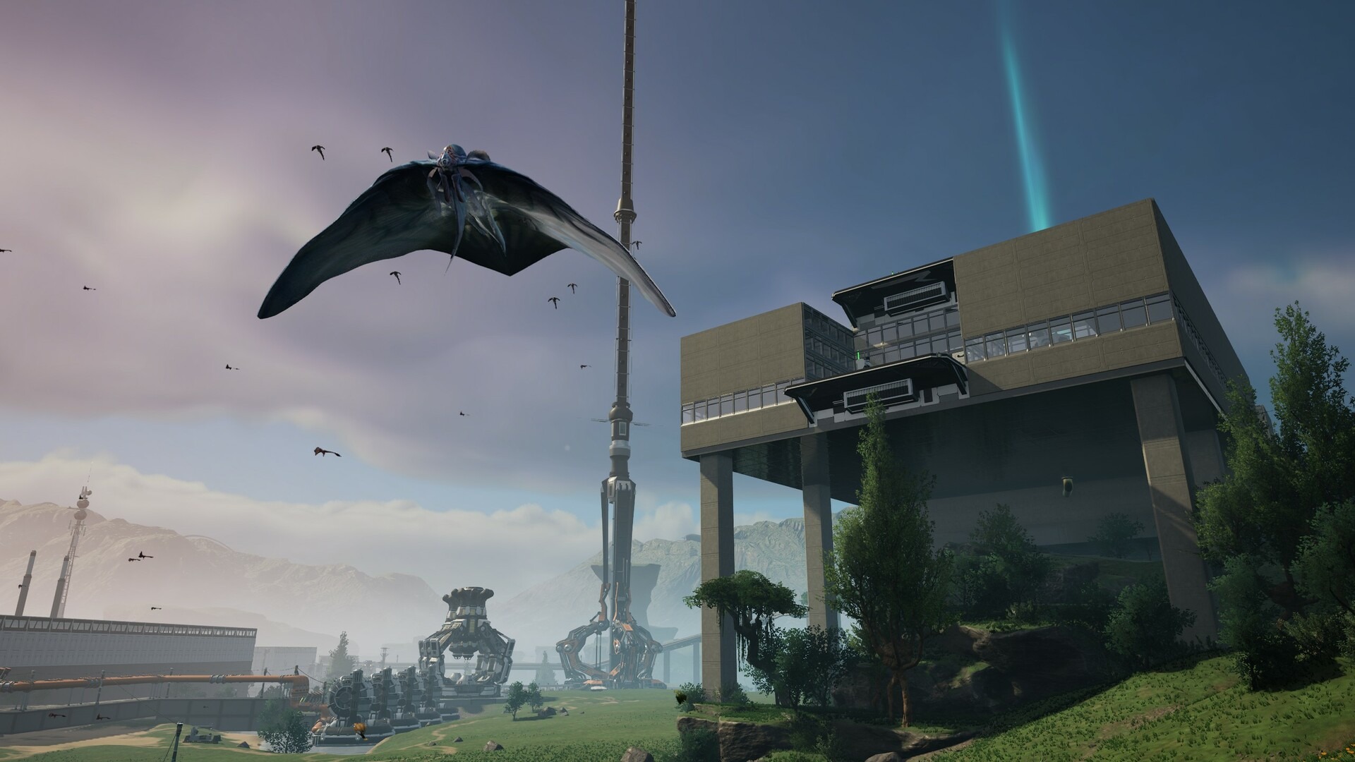 Satisfactoryの自然と工場の上空を飛ぶ生き物