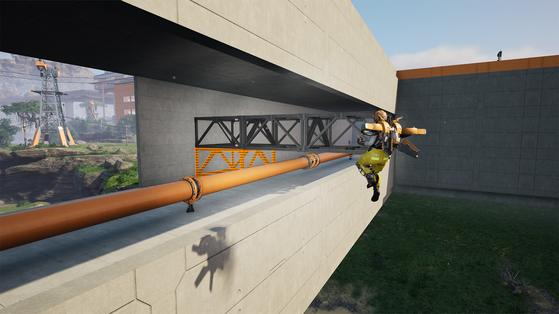 Satisfactoryの工場外壁付近を移動する装備姿のパイオニア