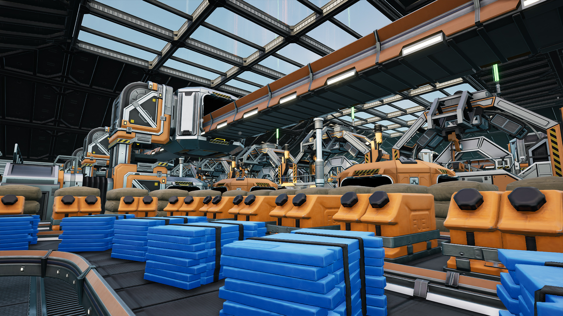 Satisfactoryの工場内に並ぶ製造設備とコンベア