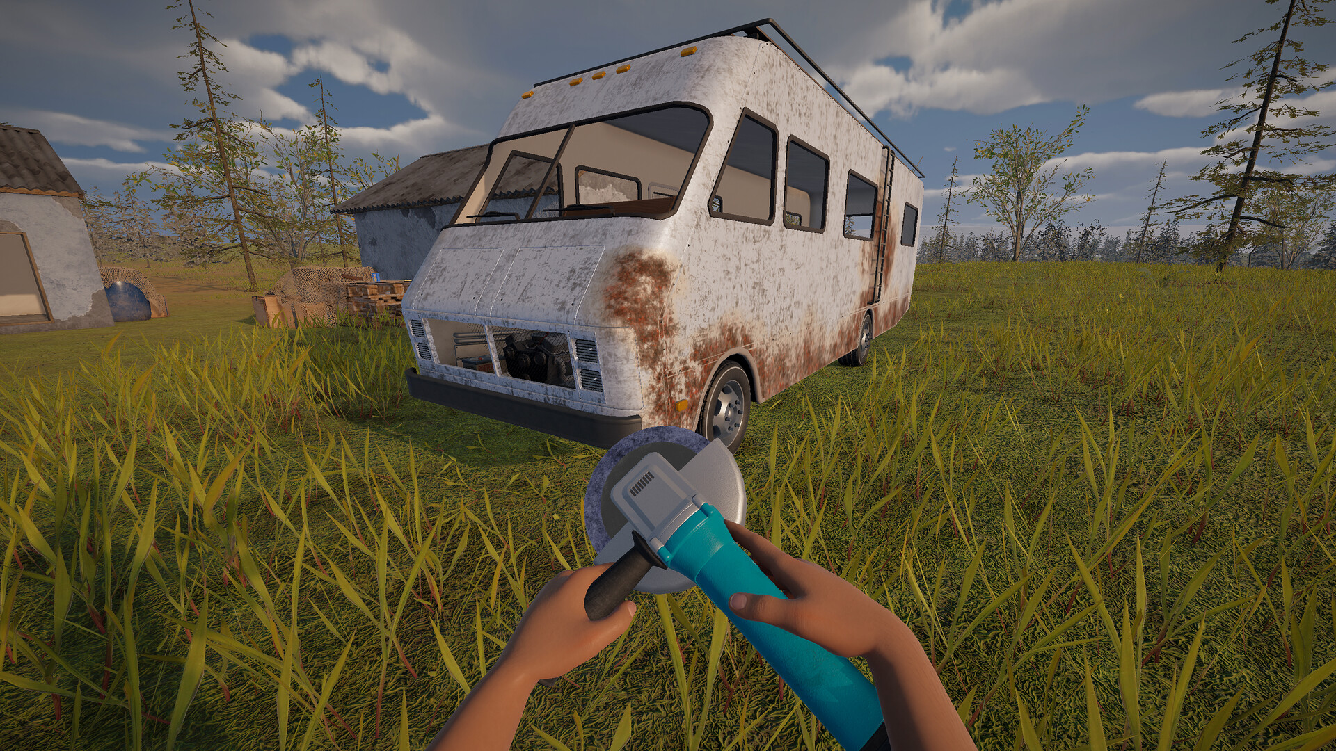 Nomad Driveで古びたRVを前に整備用の工具を持つ公式ゲーム画面