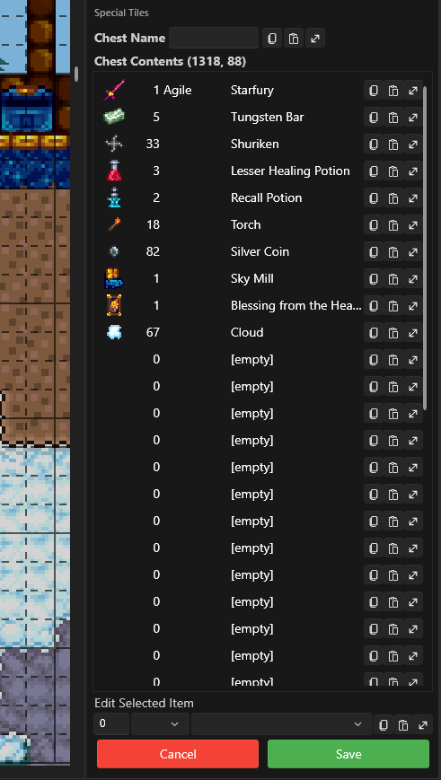 チェスト内のStarfuryや素材、各アイテムの個数を一覧表示したTEditのChest Editor