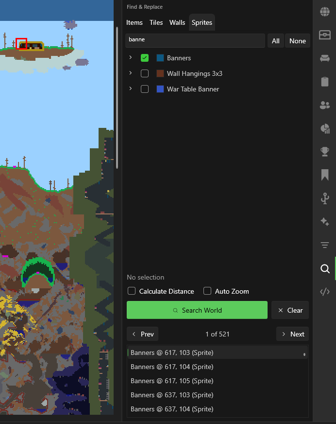TEditのFindパネルにItems、Tiles、Walls、Spritesのタブ、検索候補のチェックボックス、Search Worldと結果一覧が表示された画面