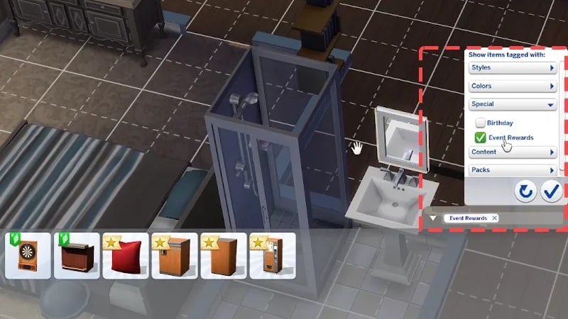 The Sims 4の建築モードでSpecial内のEvent Rewardsにチェックを付けた公式画面