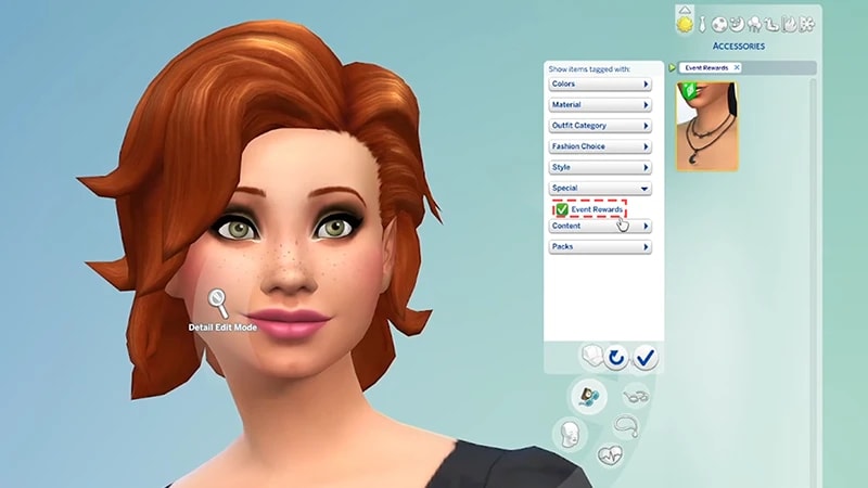 The Sims 4のシムの作成でイベント報酬フィルターを選択した公式英語UI