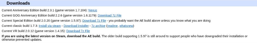 SKSEの配布行。AEは本体1.7.104、GOG AEは1.6.1179、旧SEは1.5.97に対応