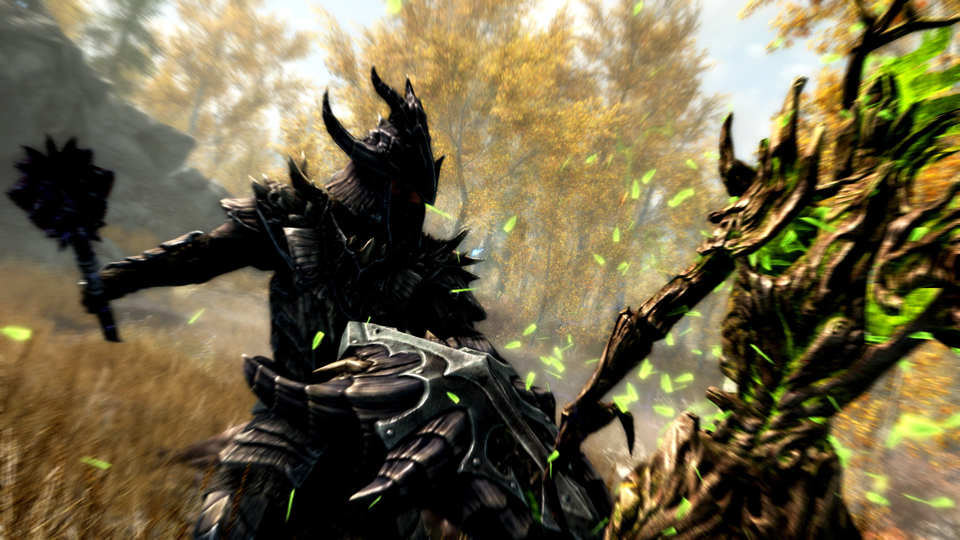 黒い鎧の戦士が武器を振るい、スプリガンと戦うSkyrimの場面