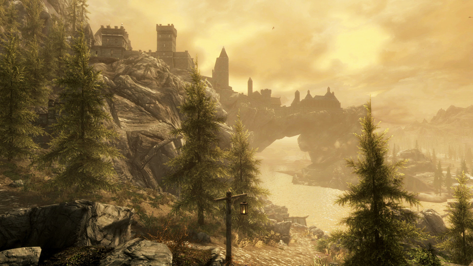 Skyrim Special Editionの川と岩山の上に広がるソリチュード