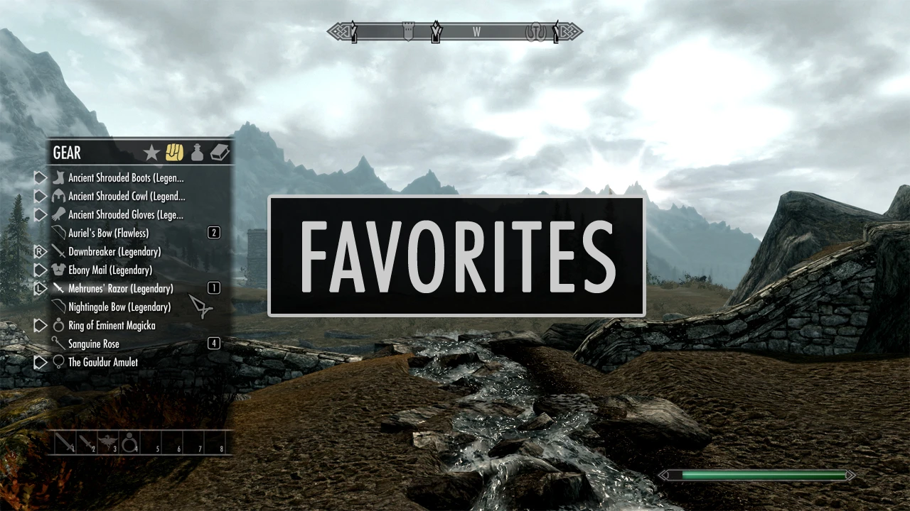 Skyrimの山道に重なるSkyUIお気に入りメニュー。左下にグループ枠が並ぶ