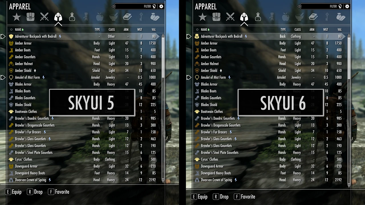 防具一覧のSkyUI 5とSkyUI 6を左右に並べた作者の比較画像。名前、種類、防御力、重量、金額の列がある