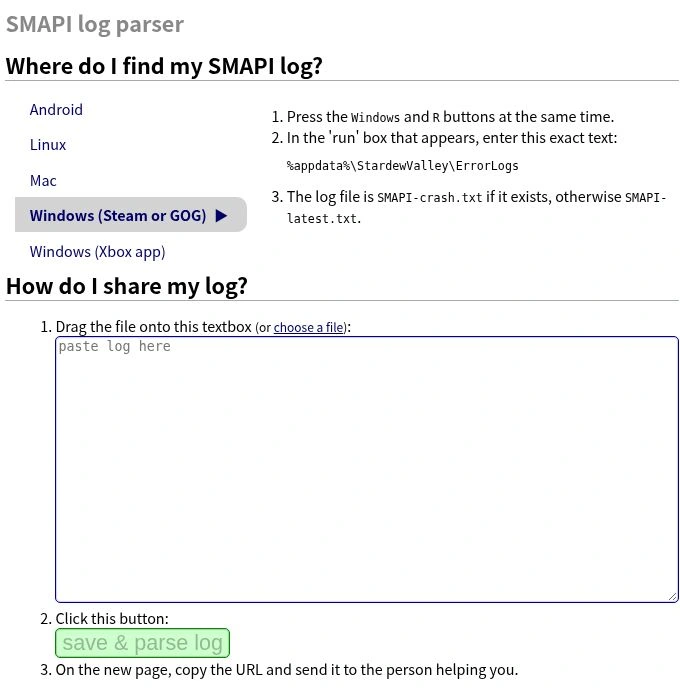 SMAPI公式ログ解析ページのWindows向け案内と、ログファイルの選択欄