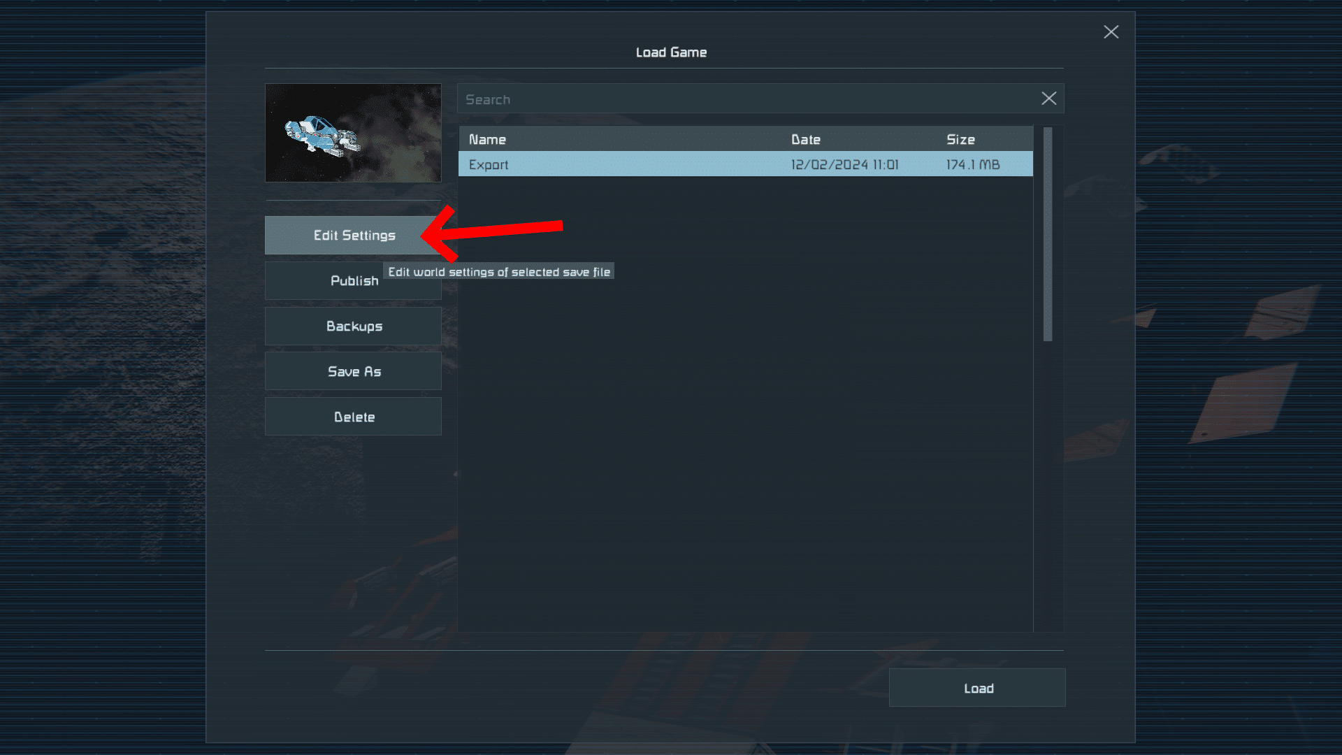 Space EngineersのLoad Game画面で、Edit Settingsボタンを赤い矢印が指している