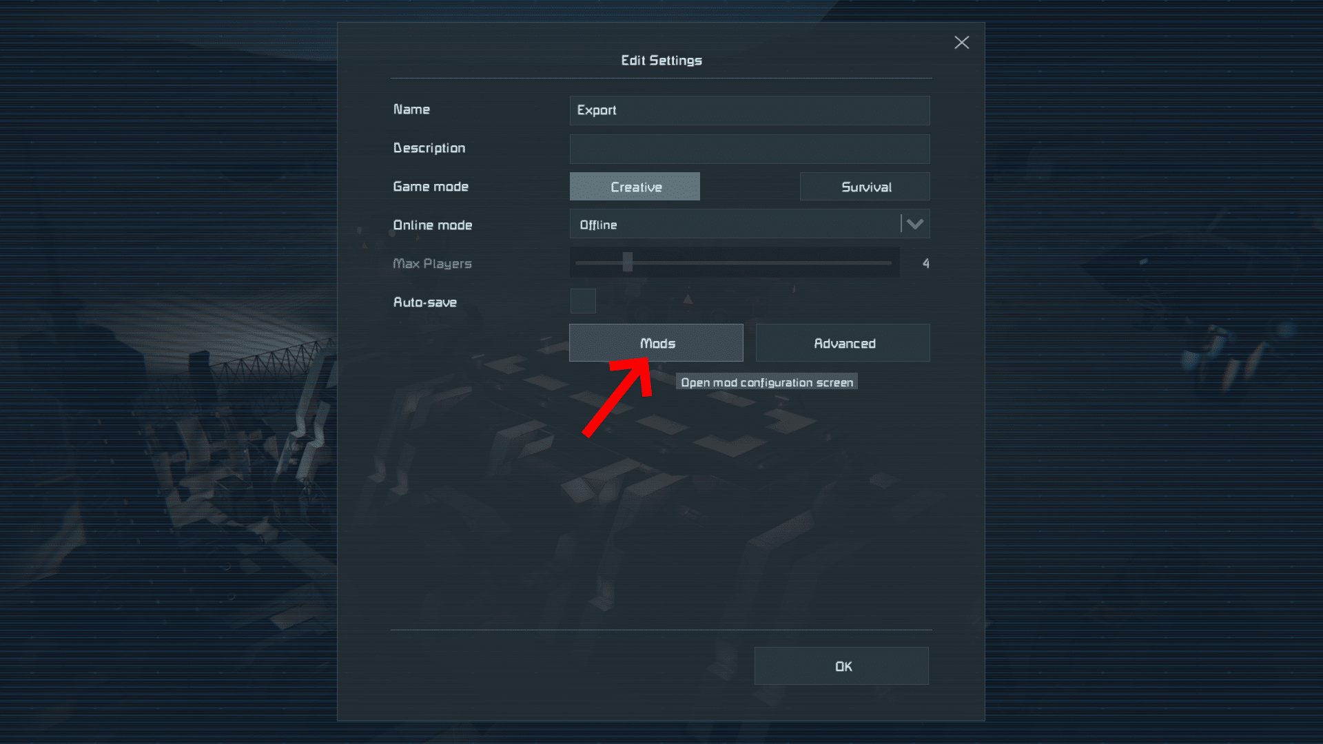 Space EngineersのEdit Settings画面で、Modsボタンを赤い矢印が指している