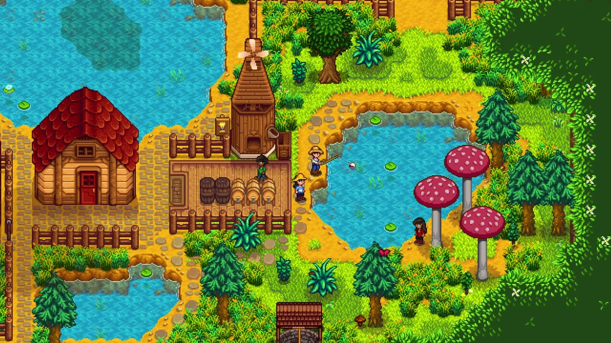 Stardew Valleyで川沿いに並び、釣りをする複数のプレイヤー