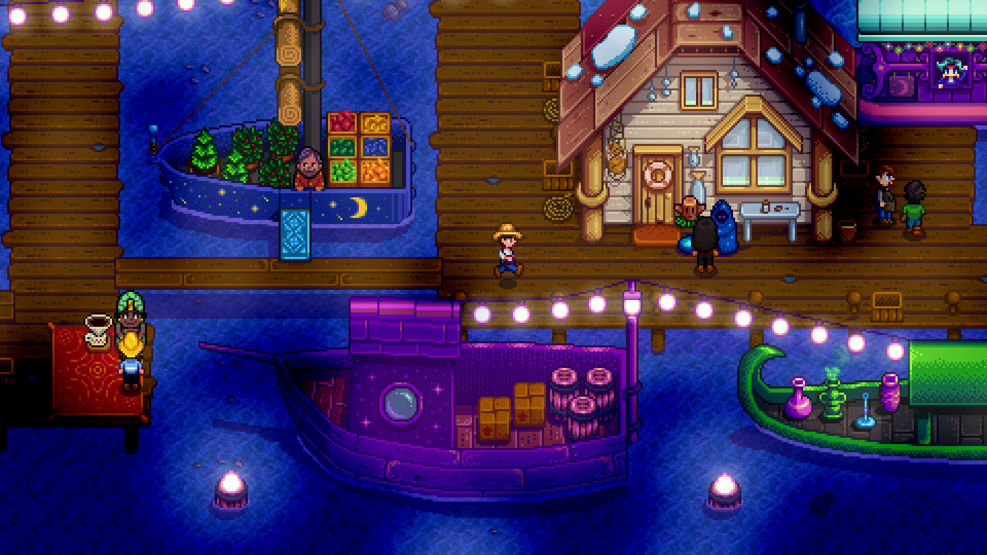 Stardew Valleyの港に明かりがともるナイトマーケット