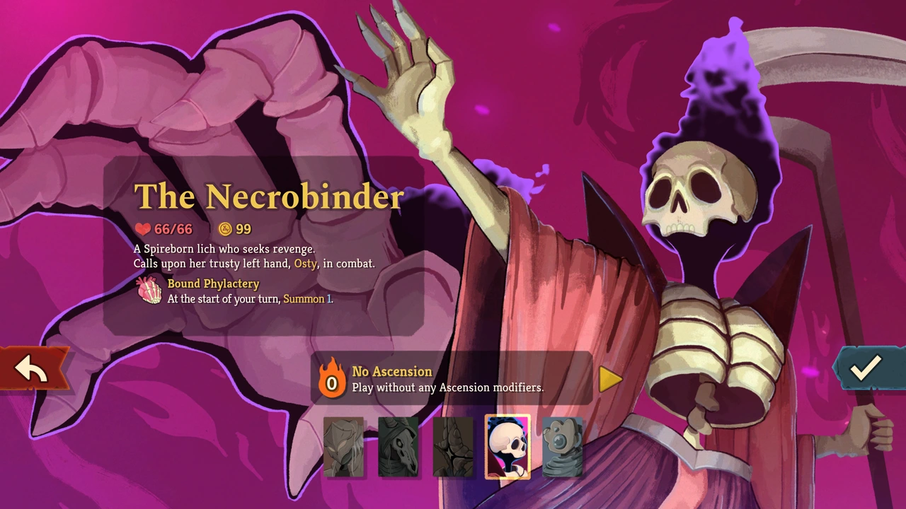 Necrobinderのキャラクター選択画面
