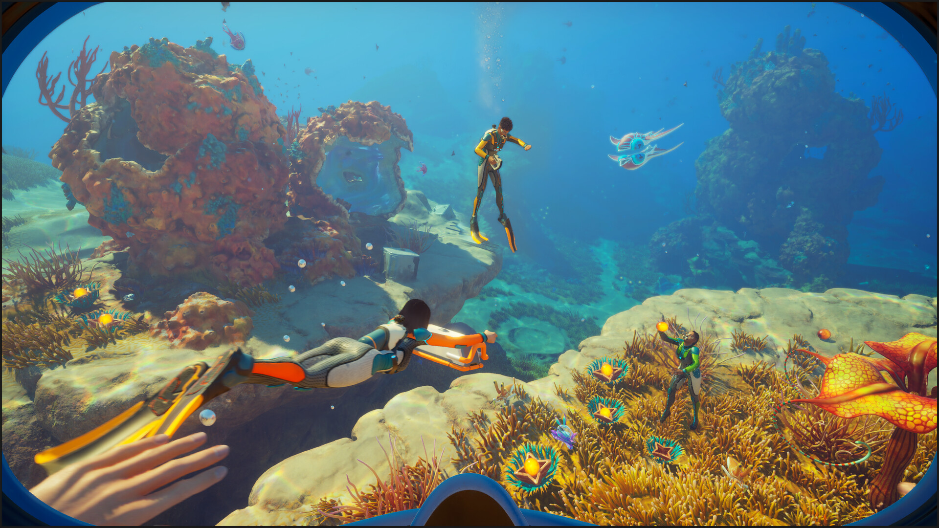 海中で仲間と泳ぐSubnautica 2のプレイヤー視点