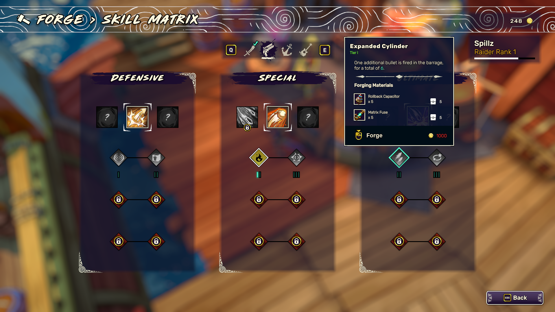 SurfpunkのForge内Skill Matrix。武器の強化候補が横2つずつ並び、右上にRaider Rankが表示されている
