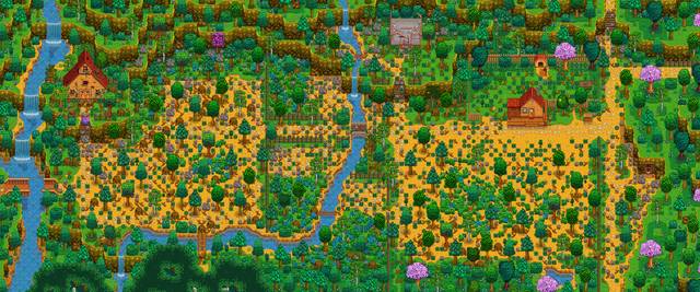 木や川、草地が広がるSVEの追加農場Frontier Farmの全体図