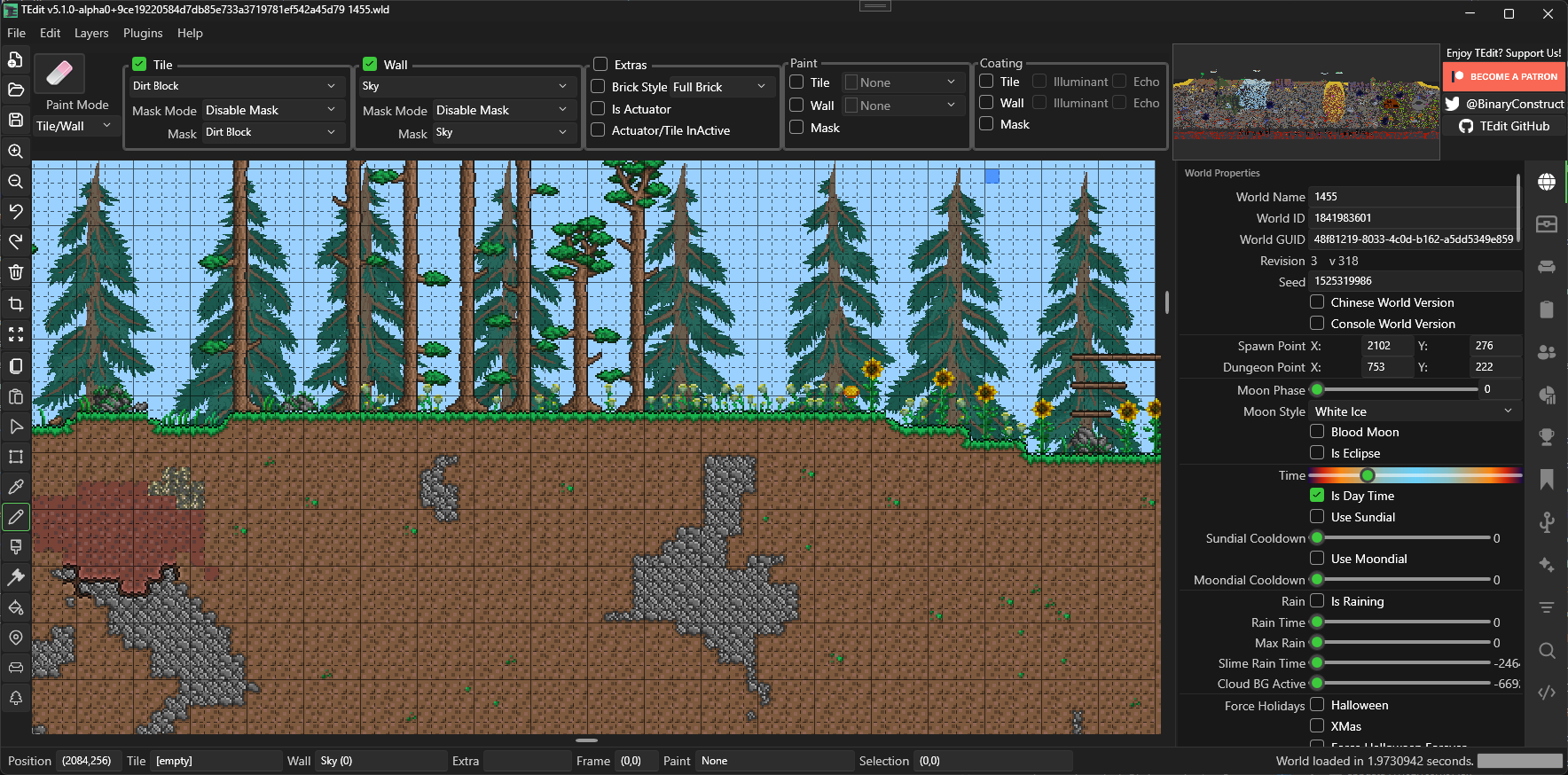 TEdit 5でTerrariaのワールドを開き、左側に編集ツール、右側にワールド情報を表示した画面