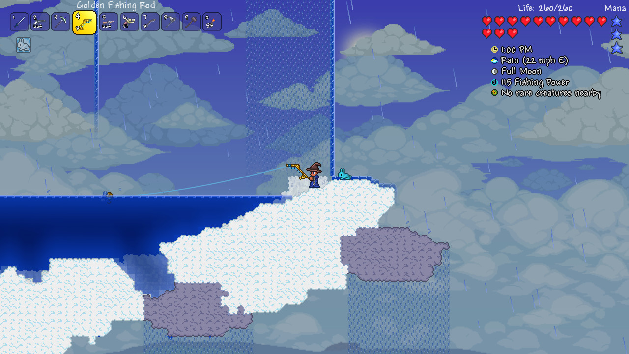 空の島で釣りをするTerrariaのキャラクターと広がる青空