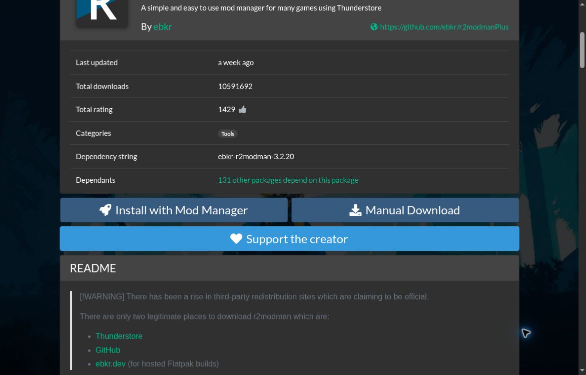 旧Thunderstore画面のManual Downloadボタン