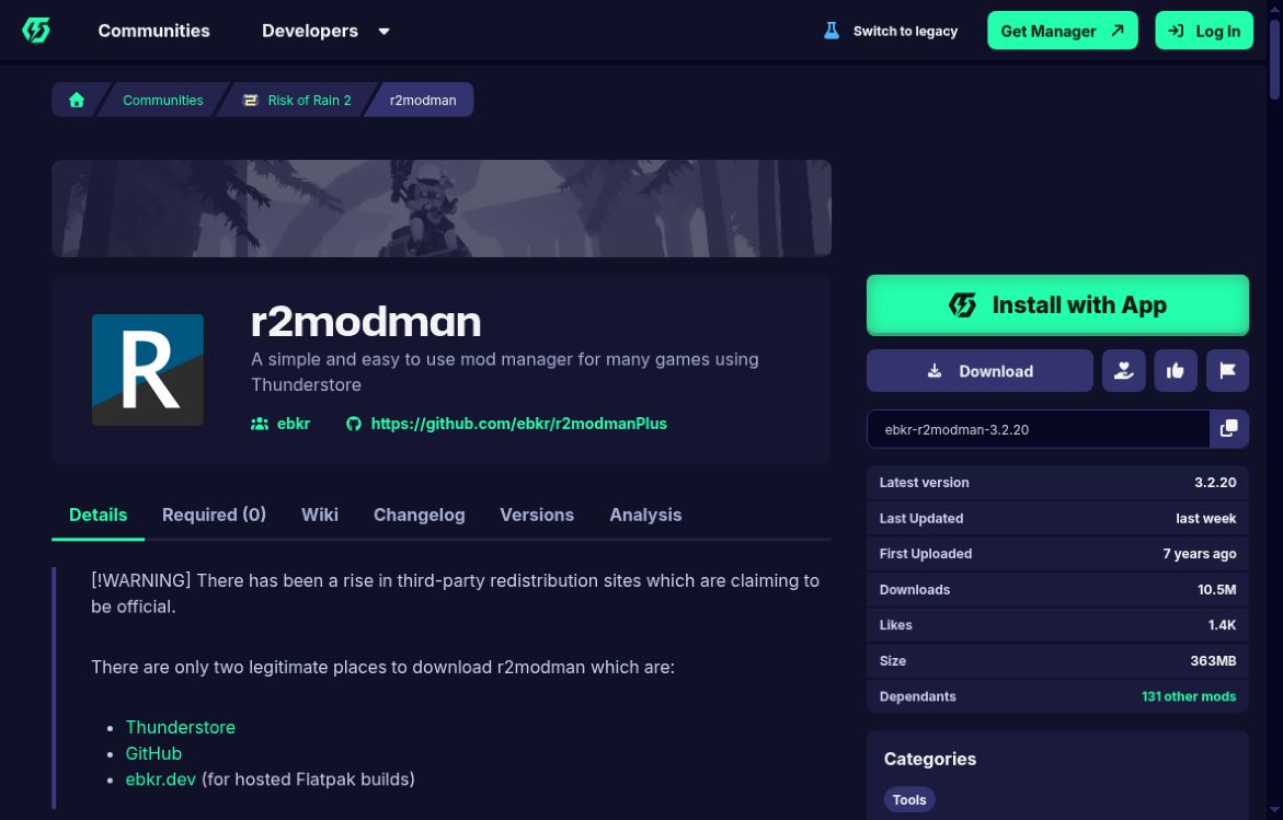 新しいThunderstore画面。r2modmanの右側にDownload、上部にGet Managerがある