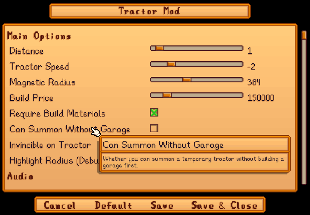 作者公開のTractor Mod設定画面。Distance、Build Price、Can Summon Without Garageなどの項目が並ぶ