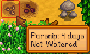 パースニップの吹き出しに「4 days」「Not Watered」と表示され、水やり前の状態を確認できる実画面