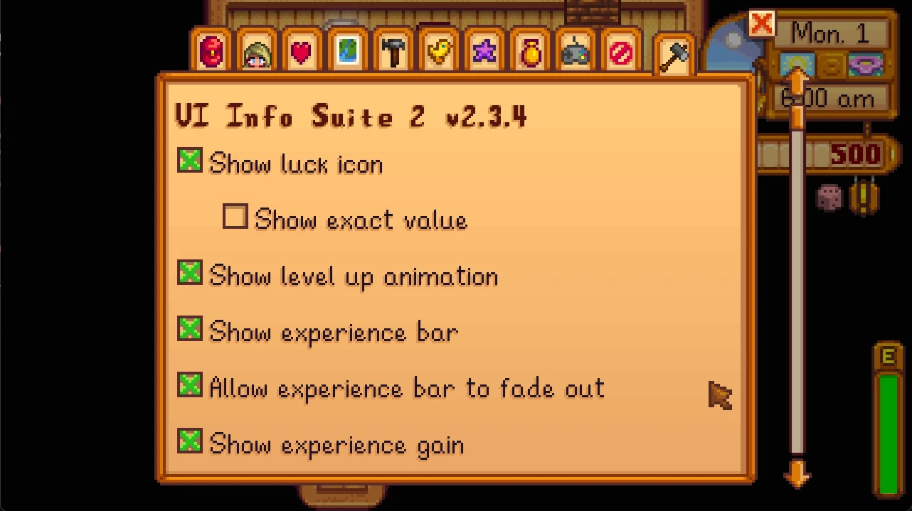 作者公開のUI Info Suite 2 v2.3.4の設定画面。ハンマーのタブに運勢と経験値のチェック項目が並ぶ