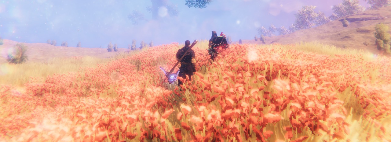Valheimの草原を一緒に進む複数のプレイヤー