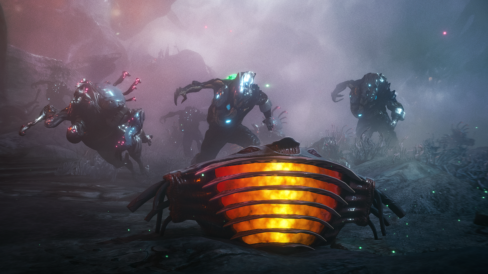WarframeのTauへの道公式告知に掲載された感染体と発光する物体の実景