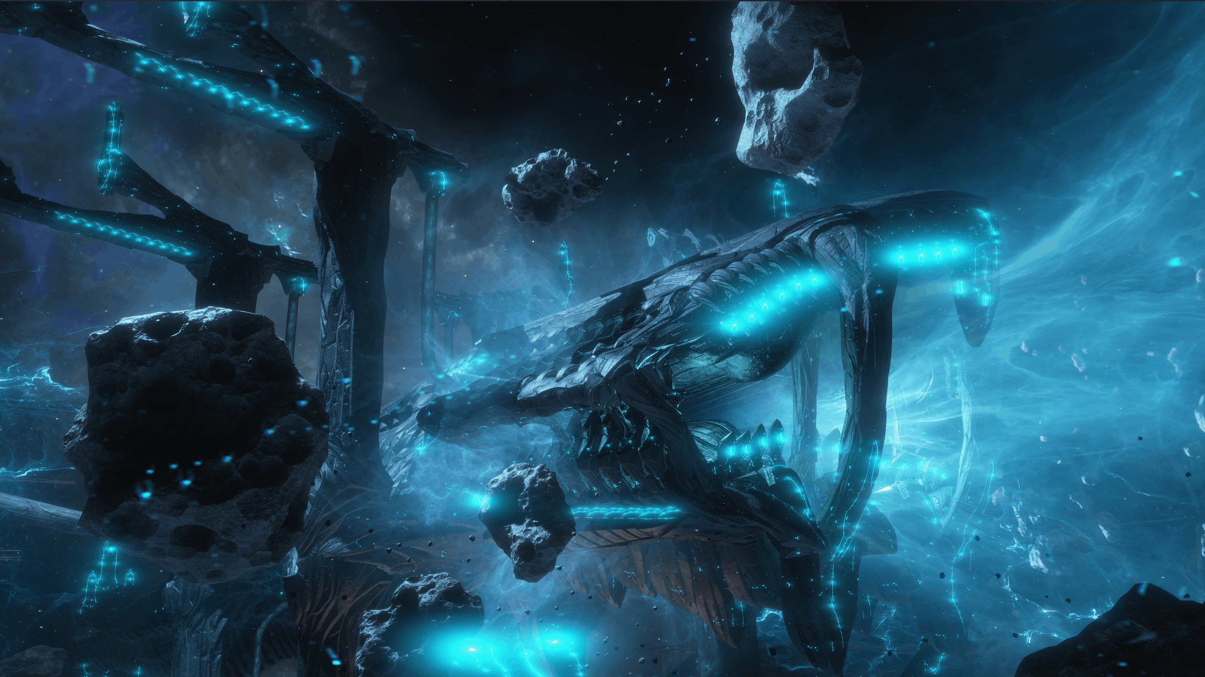 Warframe公式告知のセンティエント母艦Praghasaを描いた青い宇宙実景