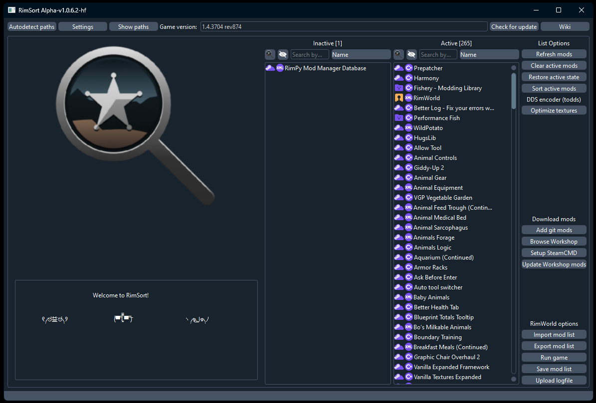RimSort Alpha-v1.0.6.2-hfのWindows画面。InactiveとActiveにMODの一覧が分かれている