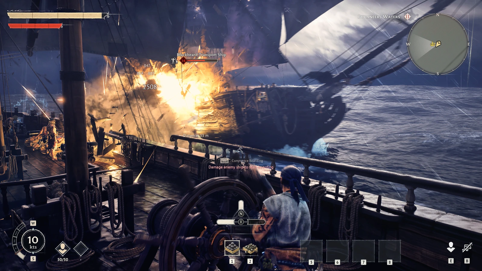 Windroseで船の舵から海戦を見るゲーム画面