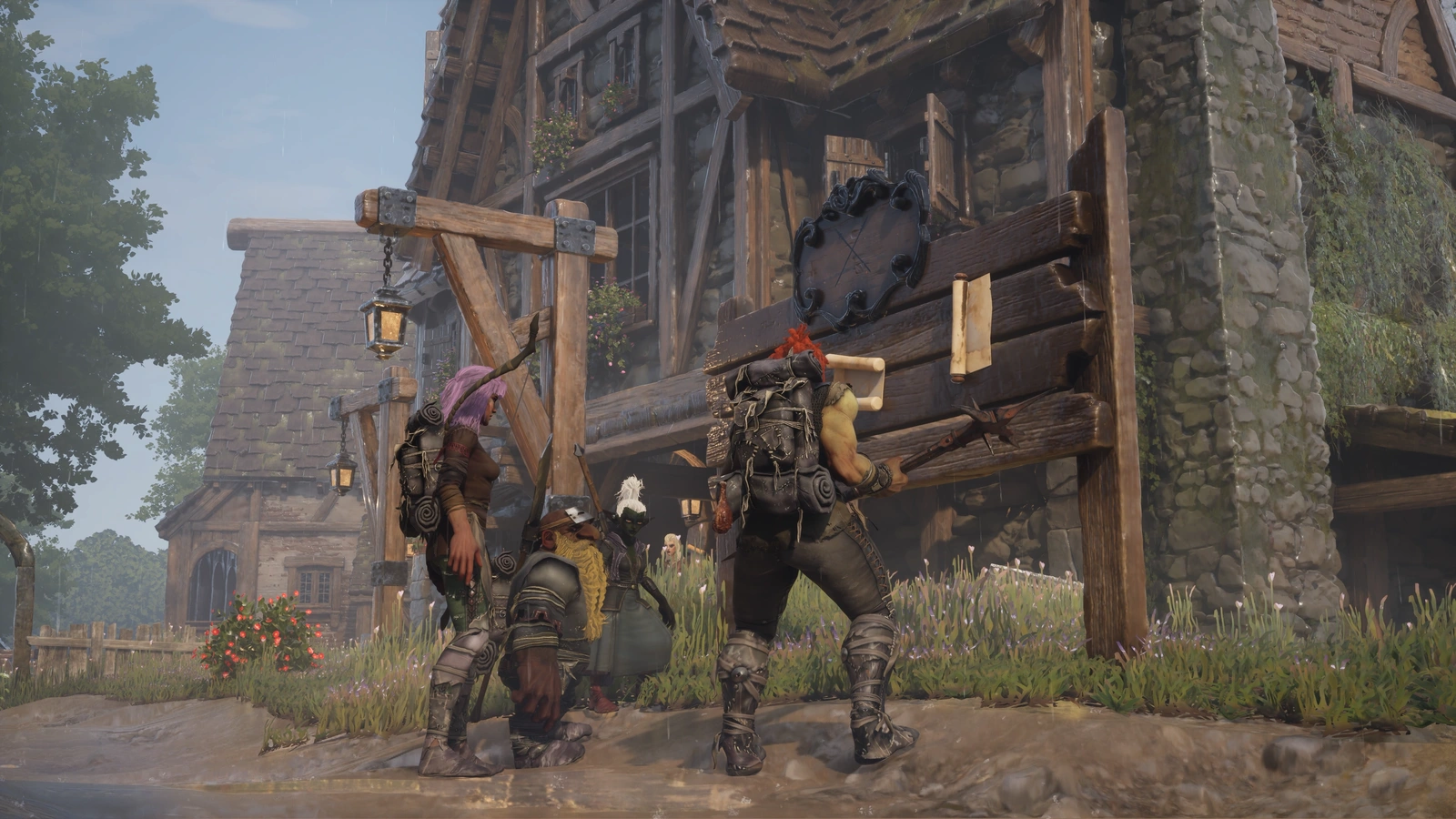 Wyldheartで仲間が村の掲示板を囲むゲーム画面