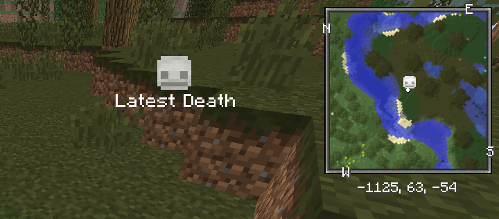 地形上にLatest Deathのドクロ、右上のミニマップにも死亡地点のドクロを表示したXaero’s Minimapの旧バージョンの画面