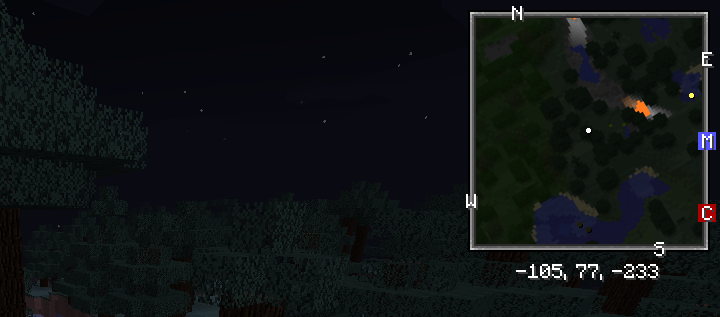 夜のMinecraft画面の右上に、地形、方角、MとCの目印、現在座標を表示したXaero’s Minimapの旧バージョンの画面