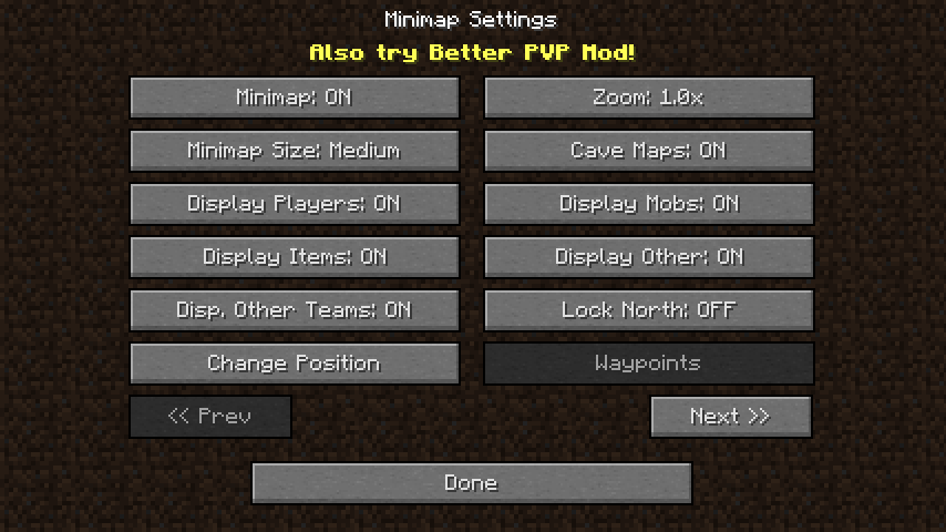 Minimap、Minimap Size、Lock North、Change Positionなどが並ぶXaero’s Minimapの旧バージョンの設定画面